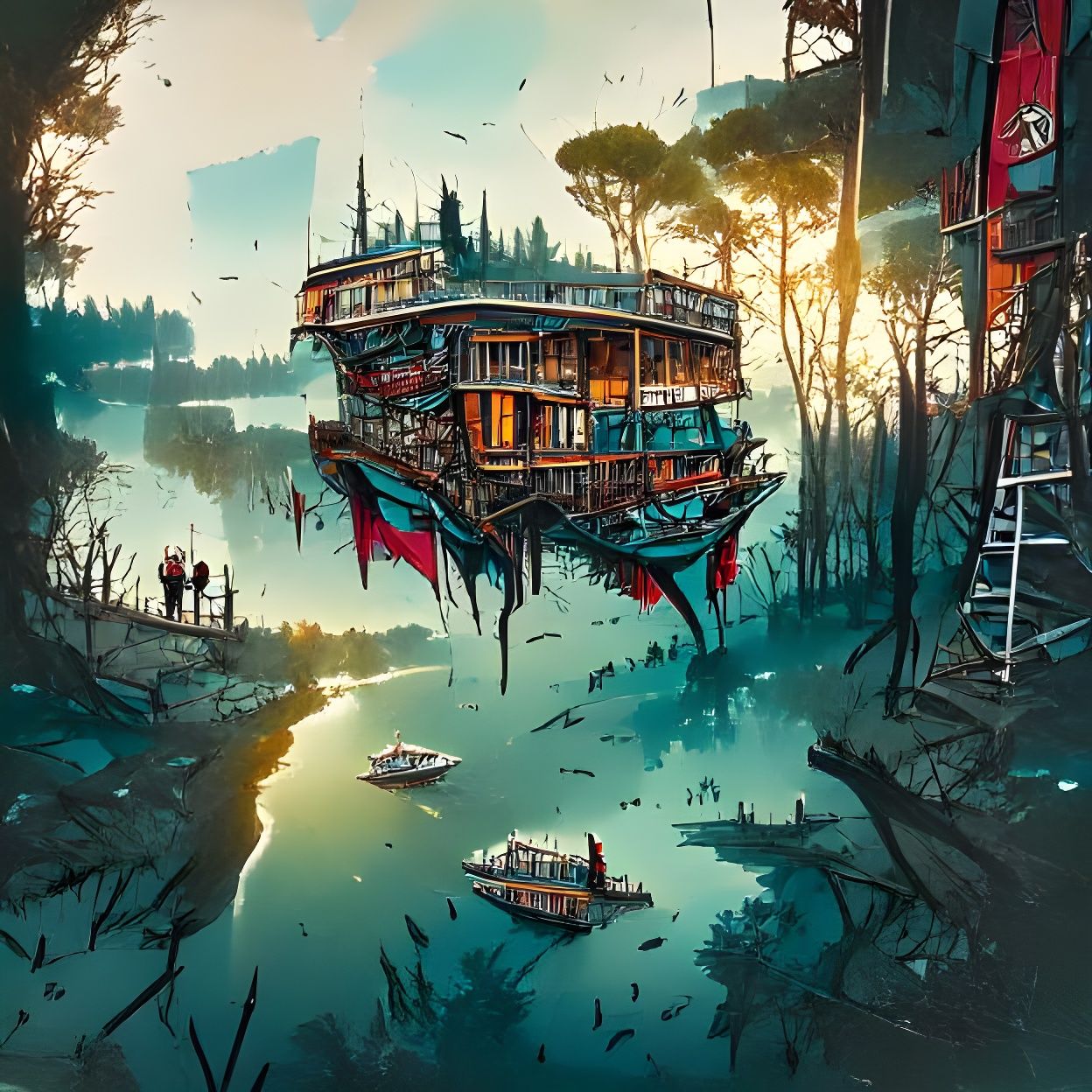 Boats as Elevators in Floating Treehouse Future