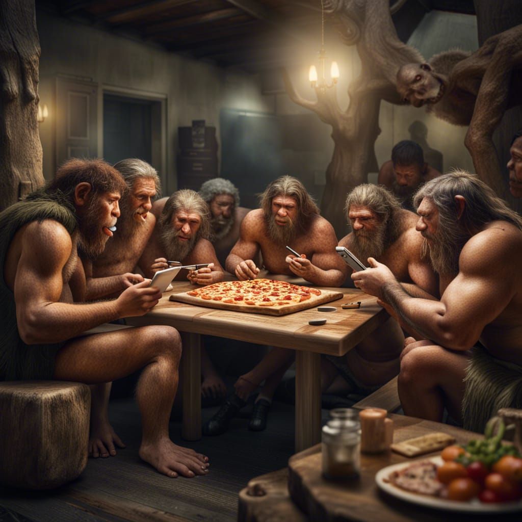Neanderthals Eating Pizza and Using Cellphones