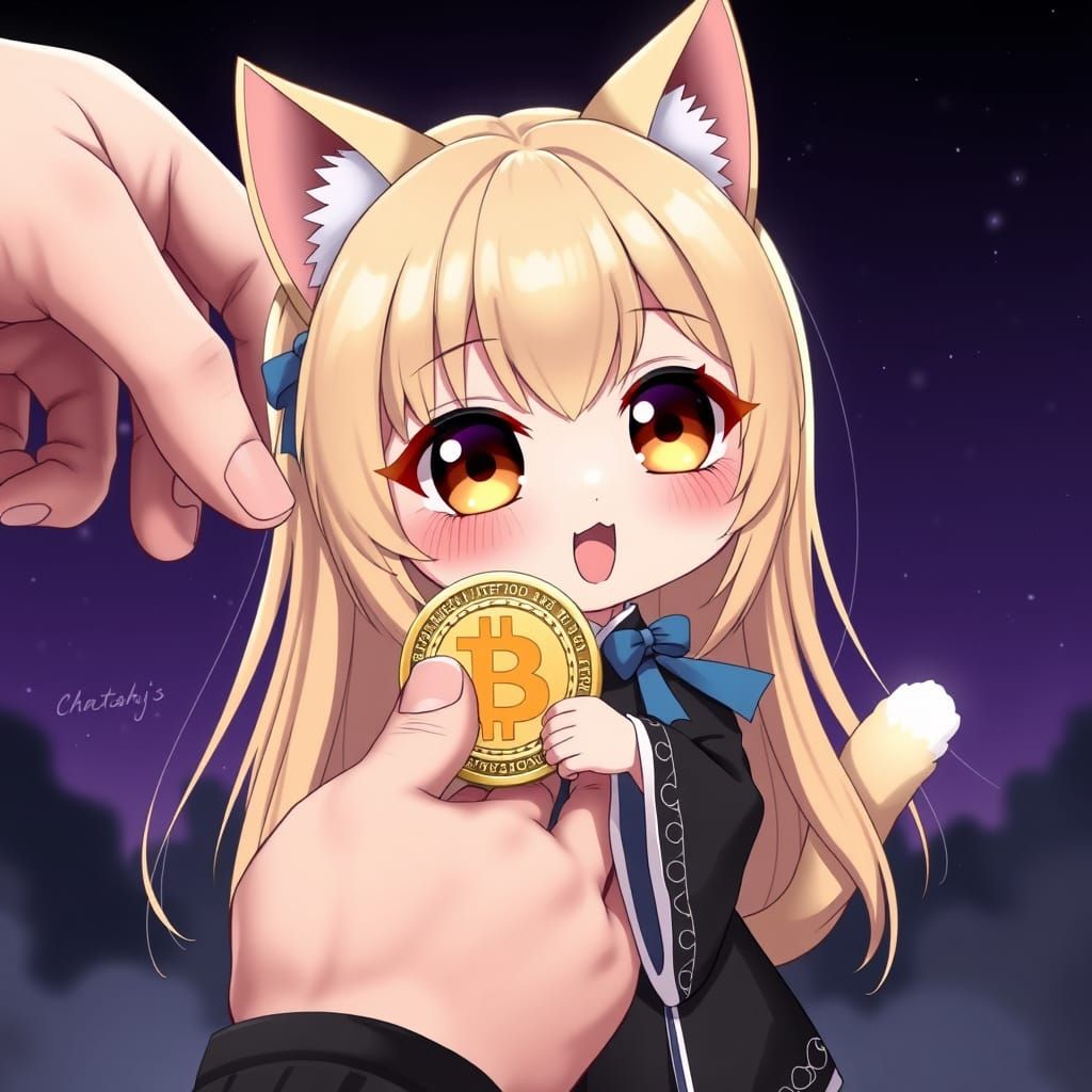 Chibi Anime Catgirl Petting Bitcoin, Inspired by Anime Art