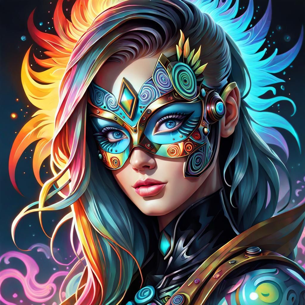 Ultrafine detailed close up of a person wearing a Psychedelic cubist mask, perfect face, light blue eyes, pin-up beauty,...