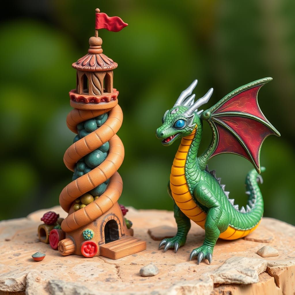 Futuristic Tower and Celestial Dragon in Whimsical Harmony