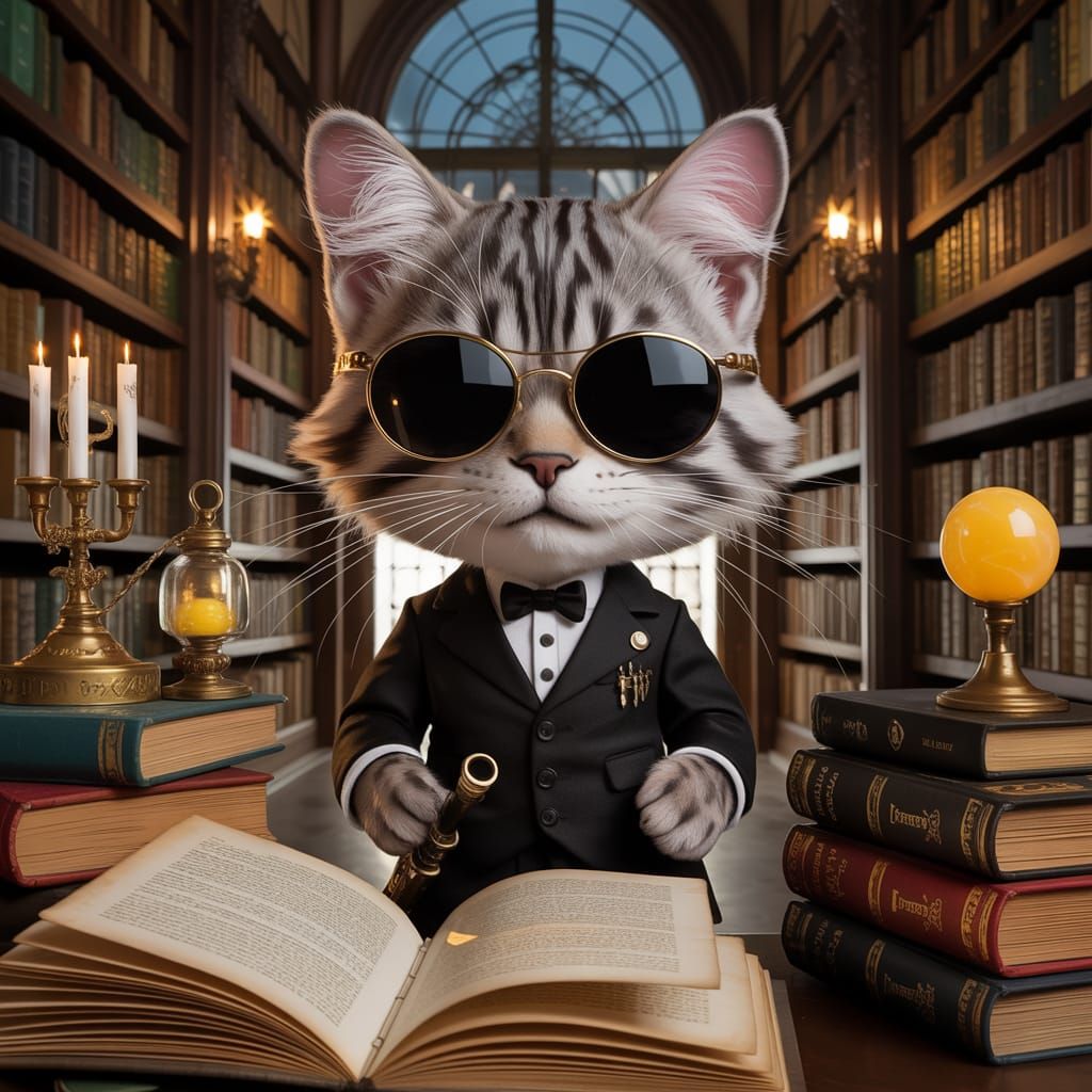 Anthropomorphic Cat Detective in Library, Digital Art
