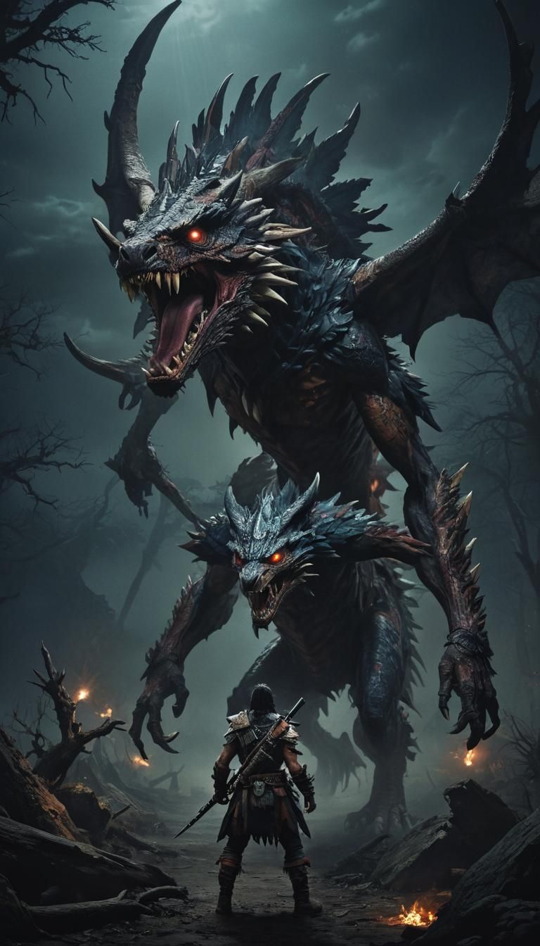 Surreal Native American Monster Hunter in Dark Colors