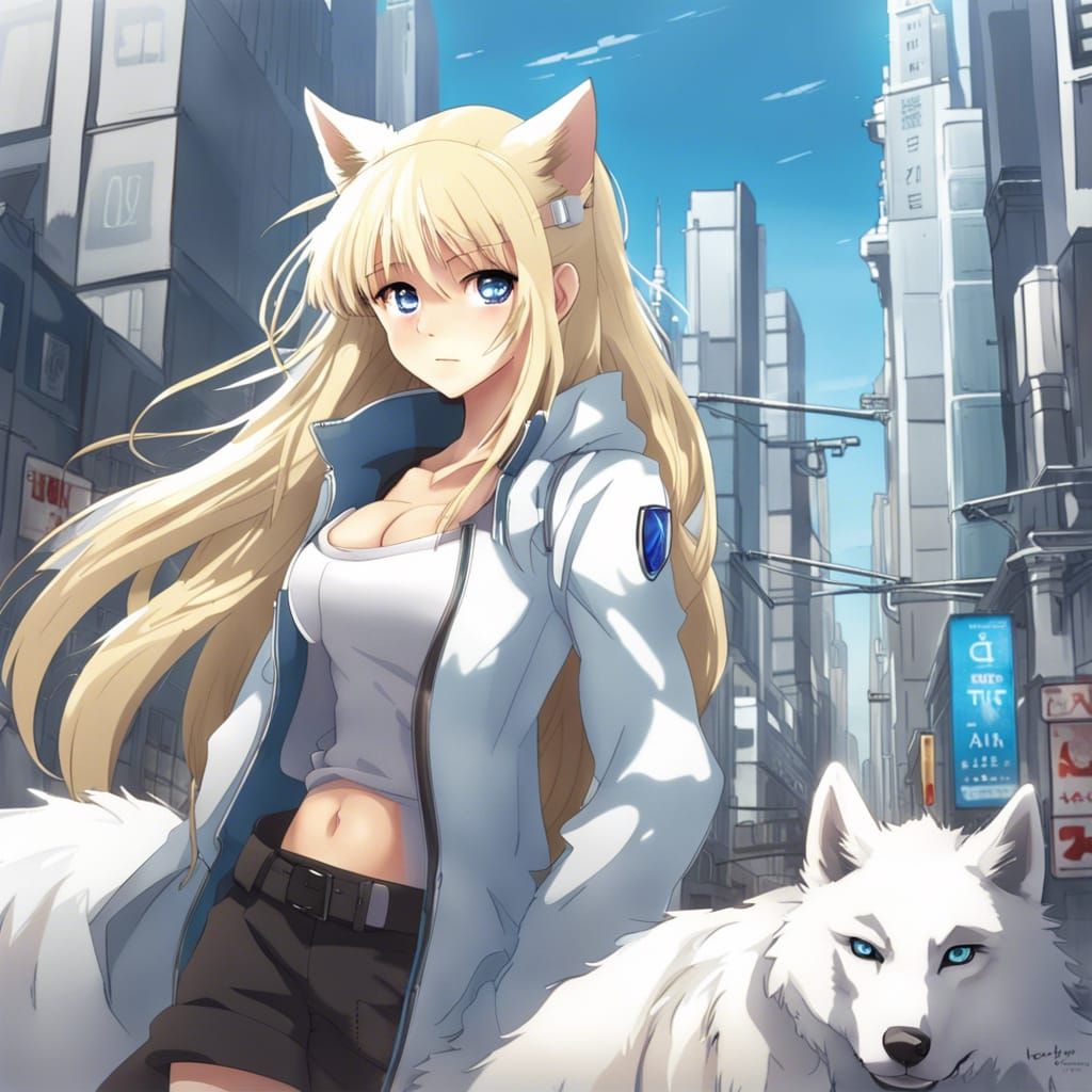 Girl and White Wolf in Anime Future City