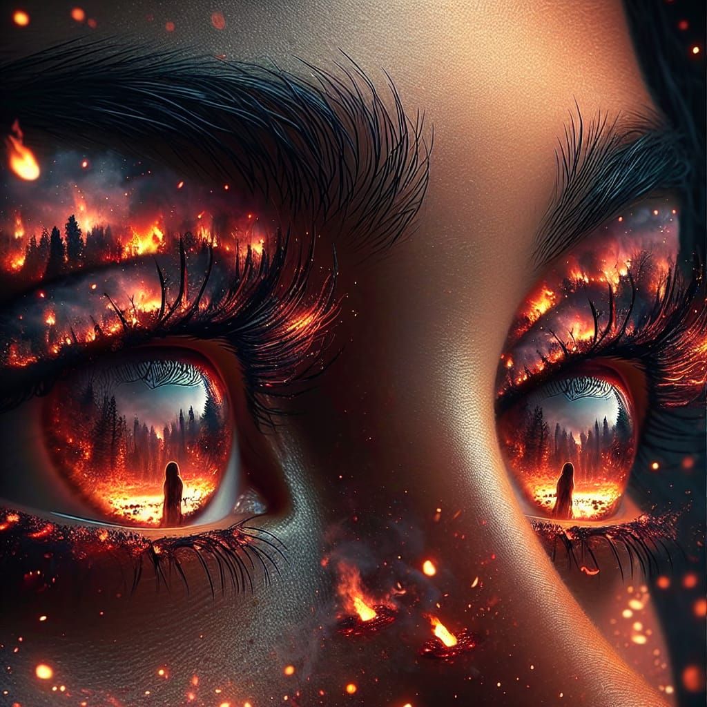 Forest Fire Reflected in Woman's Eyes