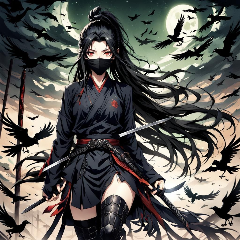 Anime Ninja Girl with Crows in Manga Style