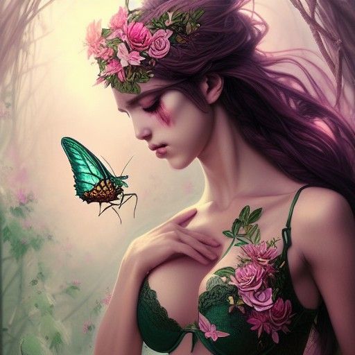 Beautiful Goddess with Flowers in Hyper-Realistic Style