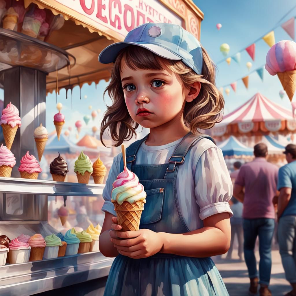 Sad Girl Drops Ice Cream: Hyperrealistic Watercolor