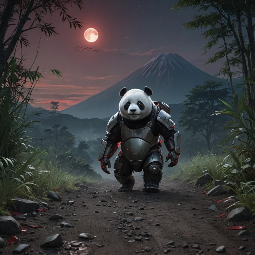 Panda Robot Walks Under Red Moon, Hyperrealistic Sci-Fi