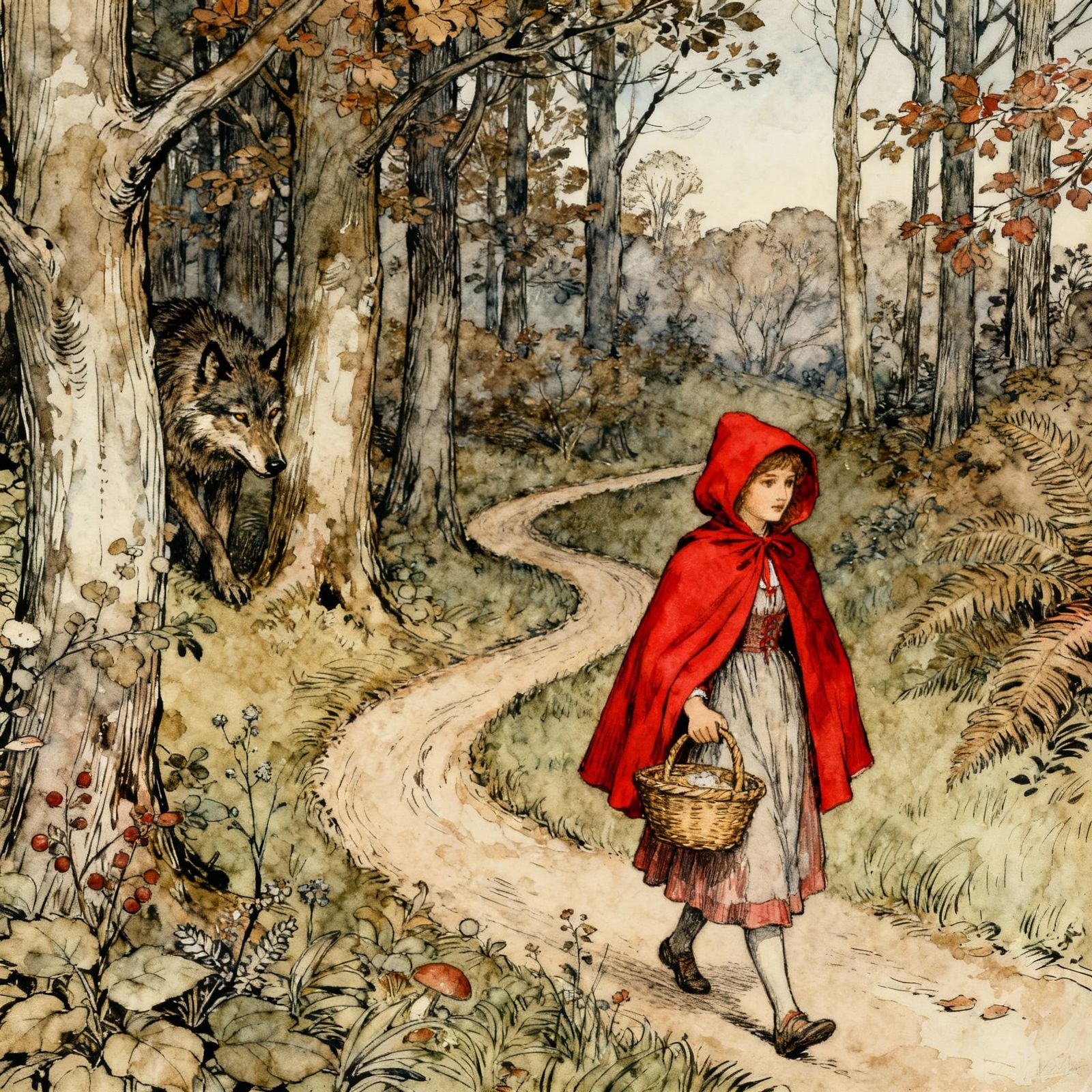 Little Red Riding Hood in Forest Watched by Wolf, Rackham St...