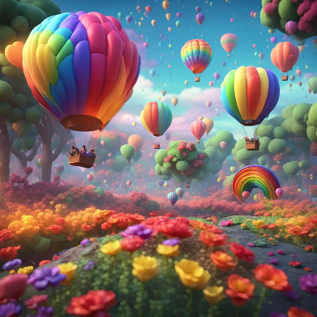 Rainbow Hot Air Balloons in a Pixar Style