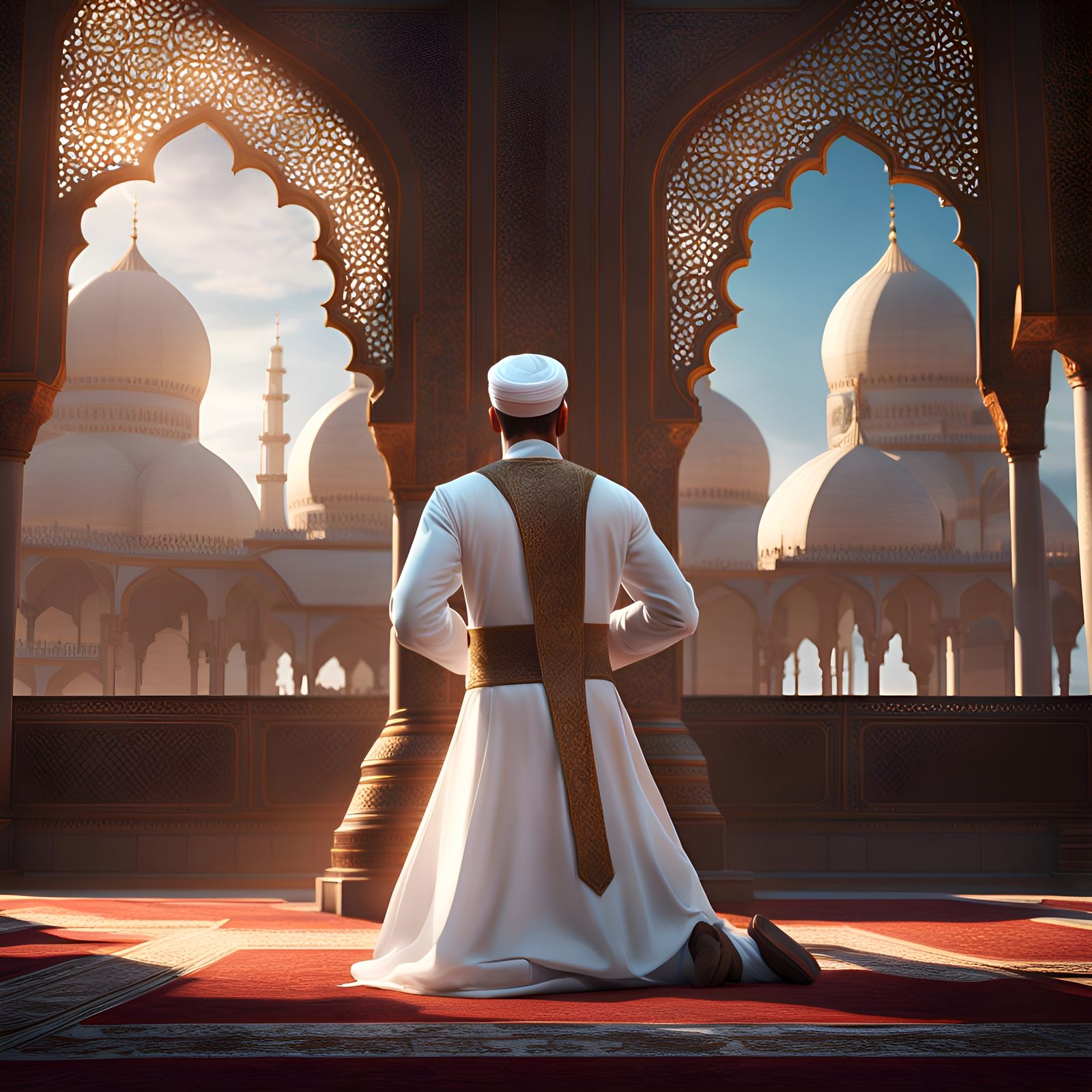 Man Worshipping in Mosque: Matte Painting Style