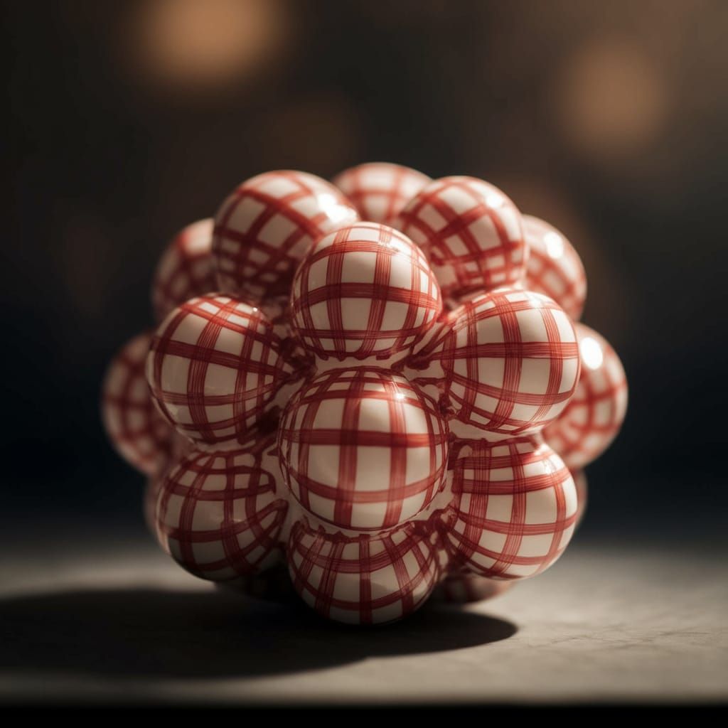 Intricate Red Gingham Ceramic Sculpture in Moody Light