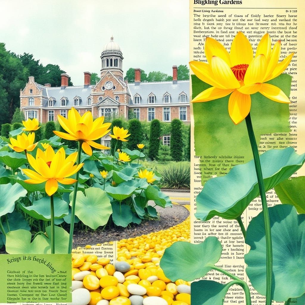 Victorian Gardens with Yellow Lotus Flowers and Newspaper Co...