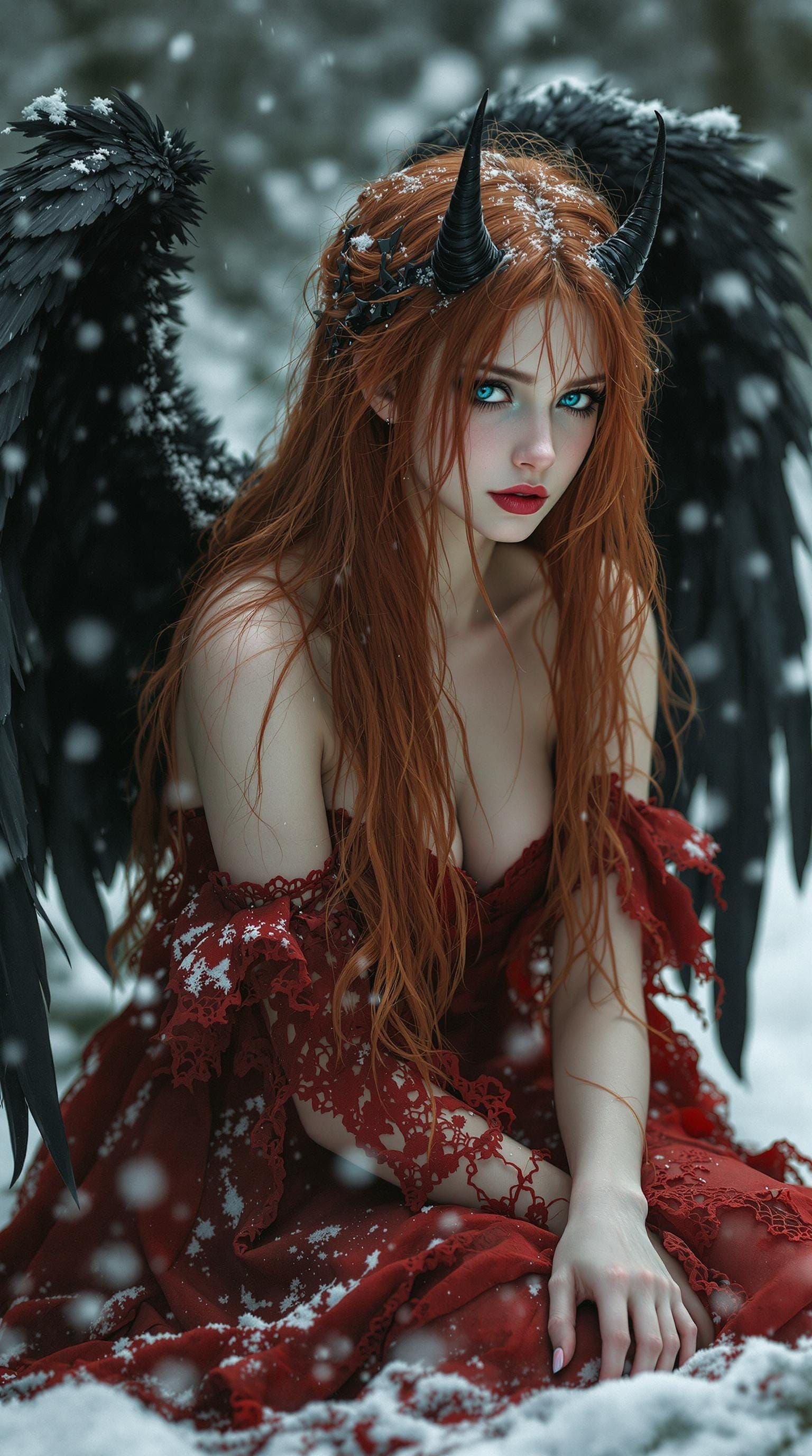Ethereal Fallen Angel in Snowy Reverie