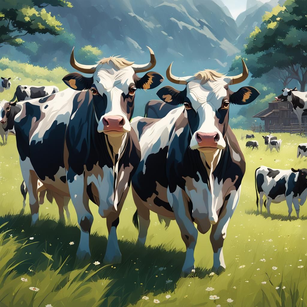 Cows in Anime Style 3D Rendering