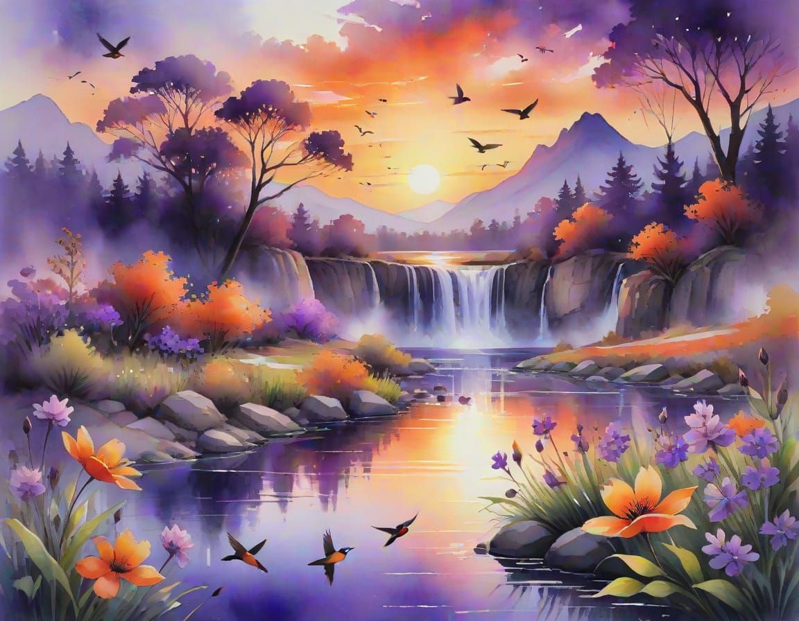 Ethereal Watercolor Sunset with Vibrant Flowers