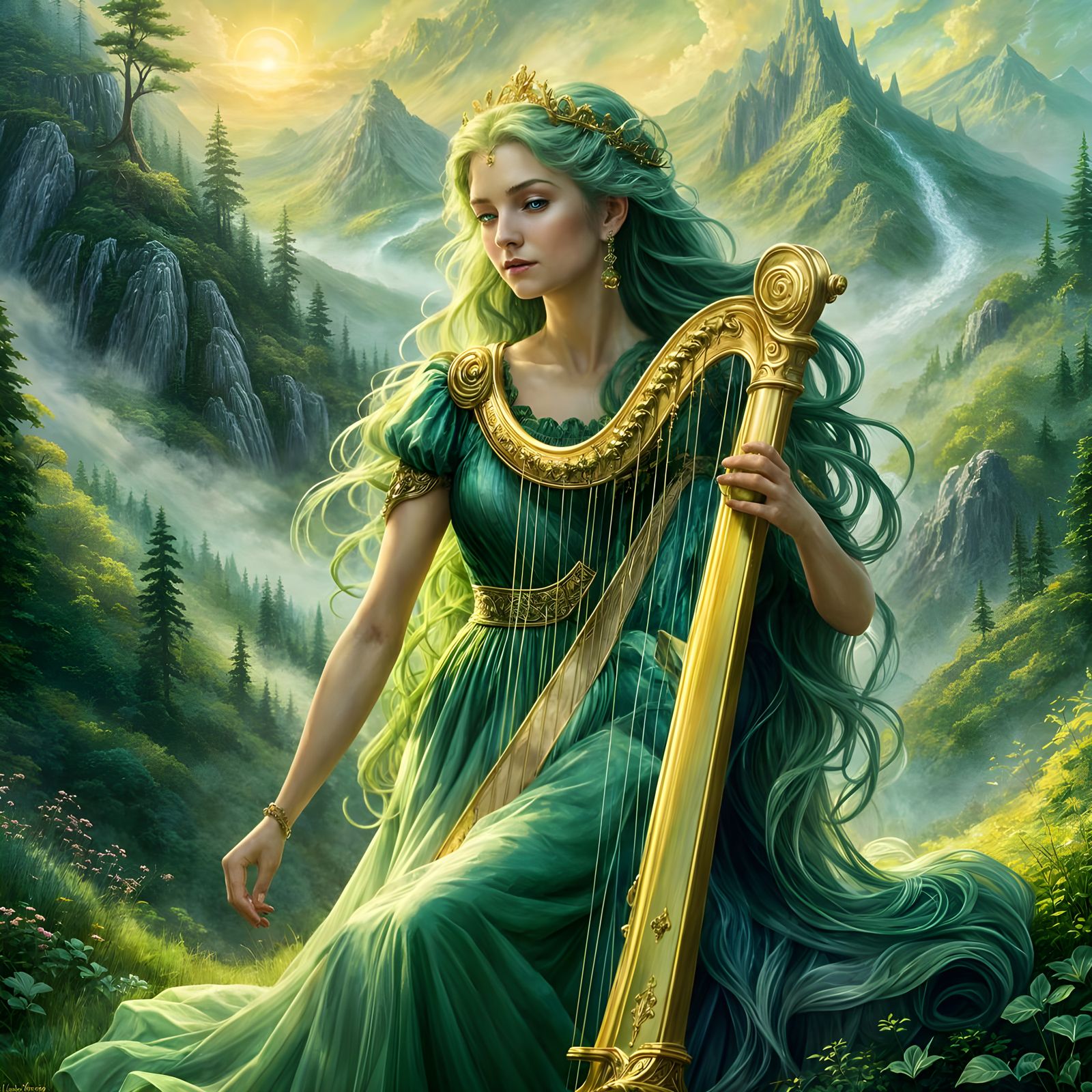 Lady of the Green Forest with Harp in Fantasy Style