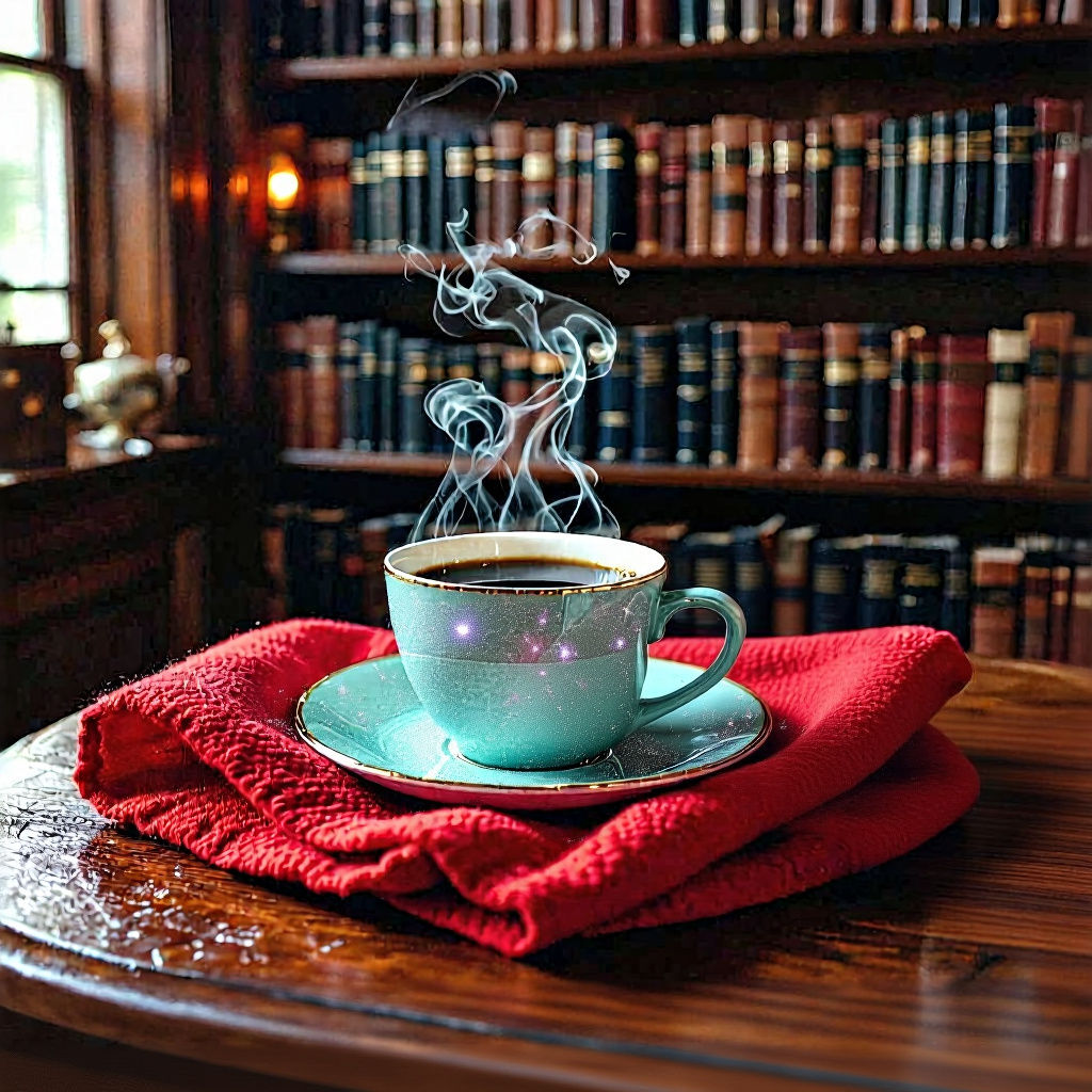 Hot Black Coffee in Cozy Library