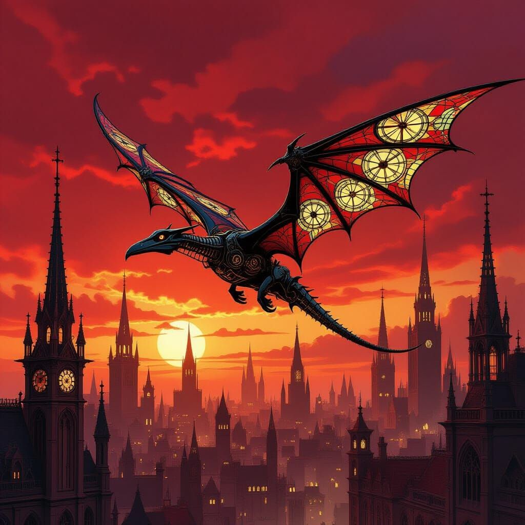 Clockwork Pterodactyl Soaring Above Gothic Metropolis