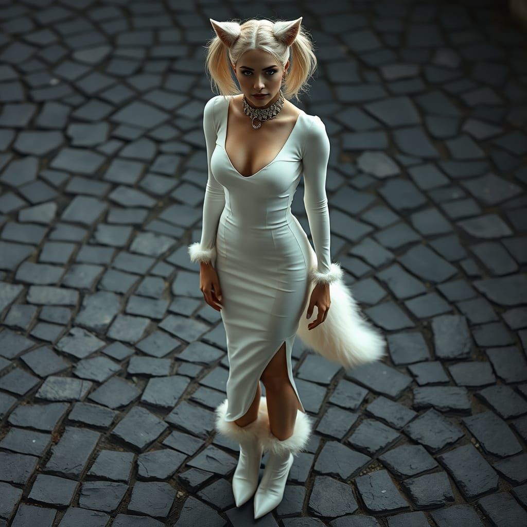 Enigmatic Blonde Woman in Luxurious White Fur Dress with Wol...
