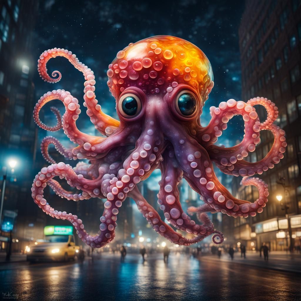 Colorful Jelly Octopus Flies Through City Night