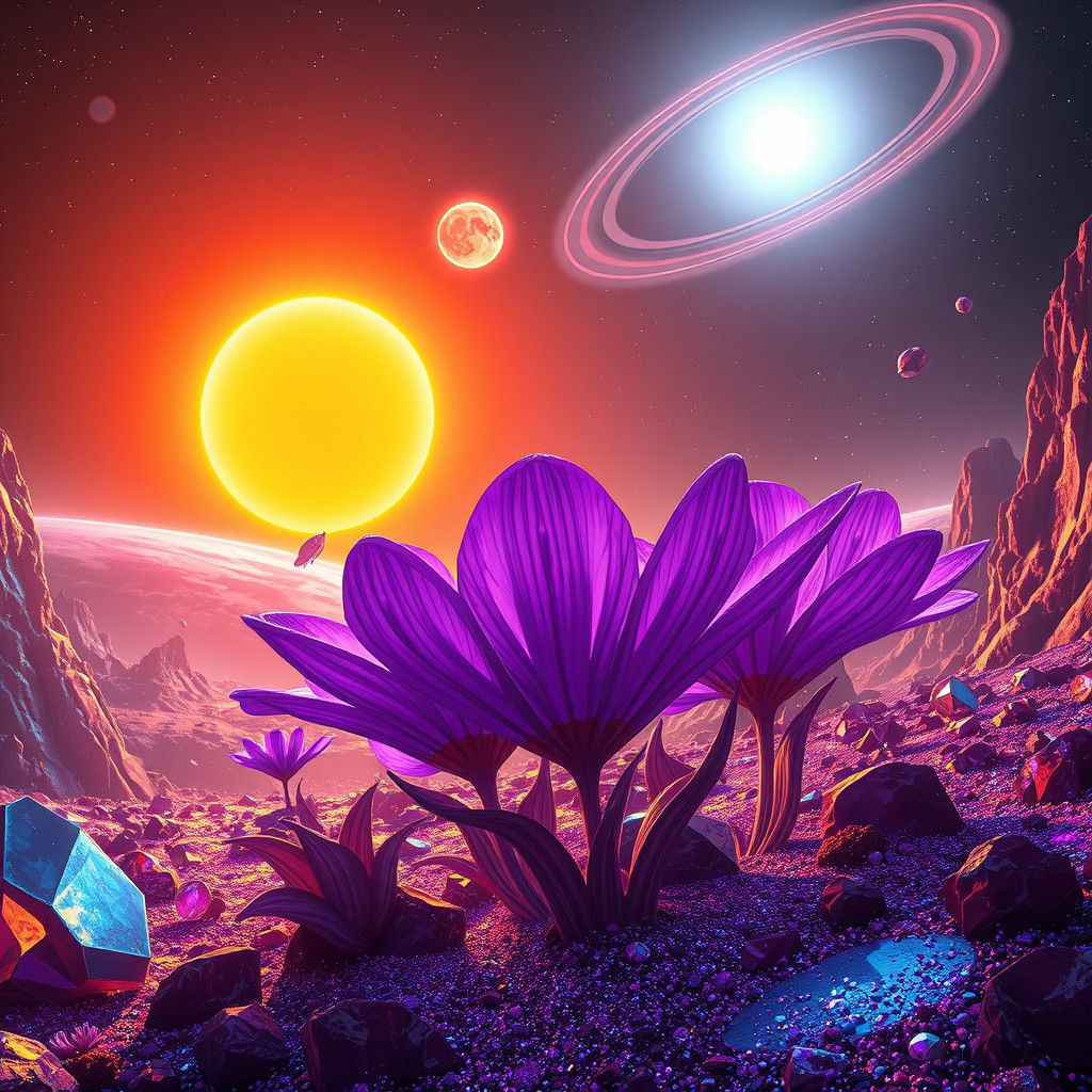 Purple Flowers Bloom on Alien Planet in Sci-Fi Style