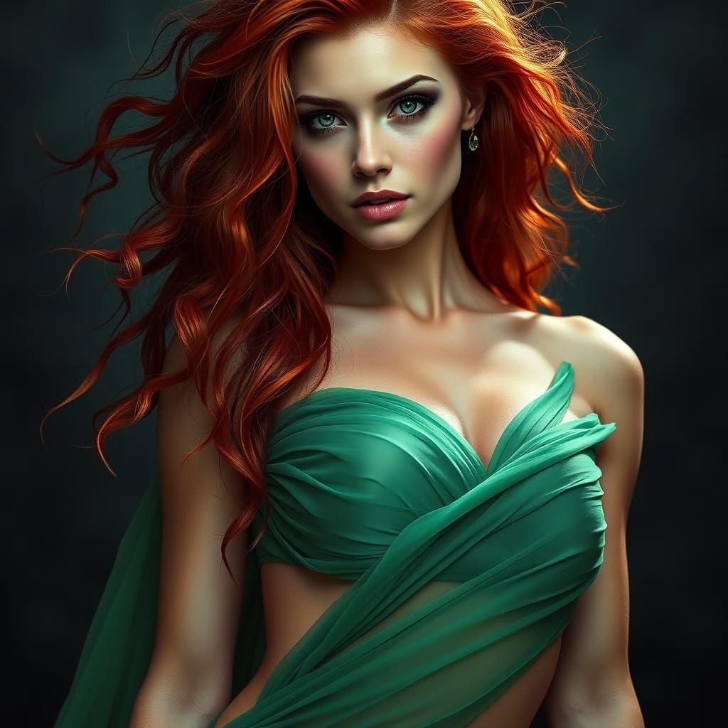 Athletic Woman in Flowing Green Gown