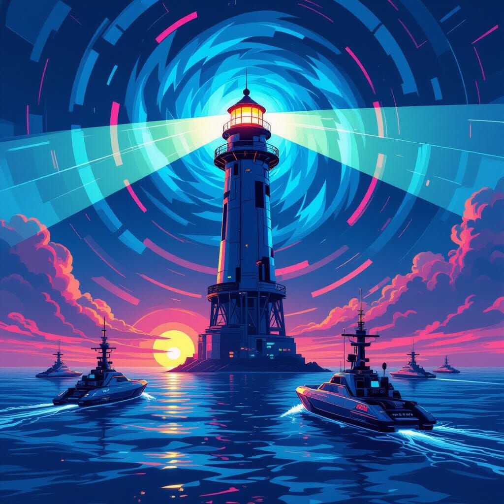 Futuristic Lighthouse Illuminates Cyberpunk Ships