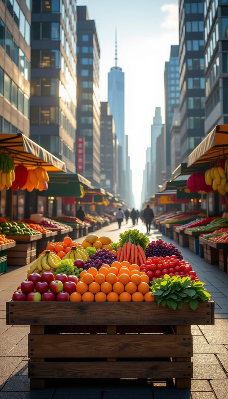 Vibrant Fruit Stand in Bustling Cityscape