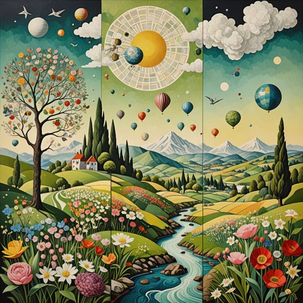 Surreal Spring Dreamscape in Triptych Collage Style
