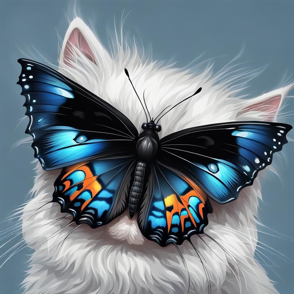 Butterfly on Kitten Nose: Digital Art Close-Up