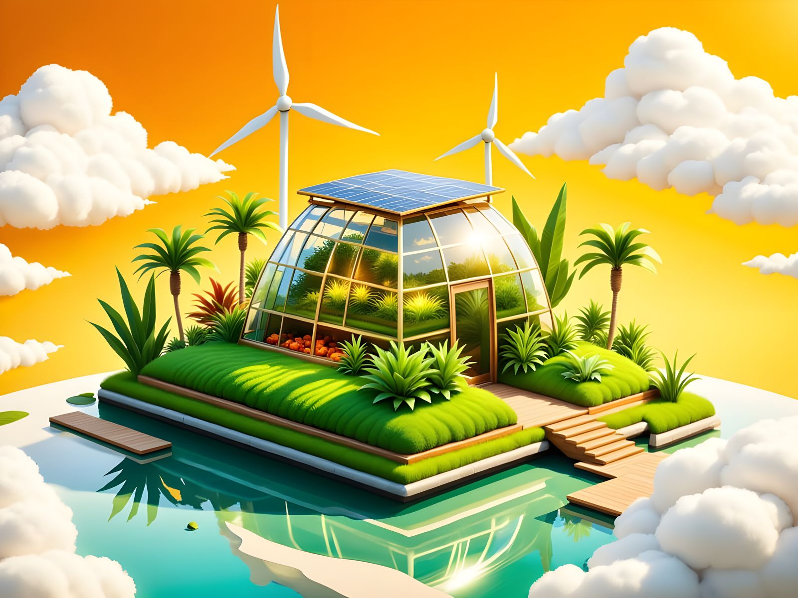Surreal Solarpunk Utopia in Low-Poly Style