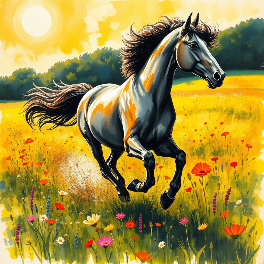 Ethereal Horse in Vibrant Meadow, Charcoal Drawing with Impa...