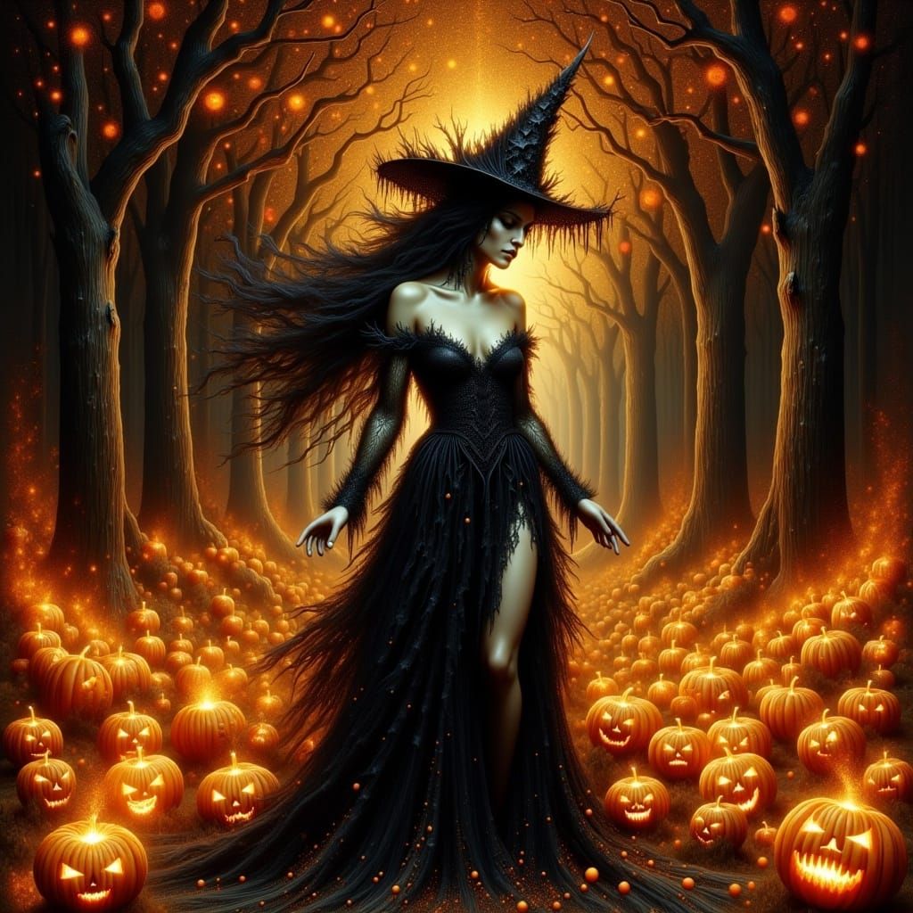 Mystical Witch Surrounded by Exploding Jack-o'-Lanterns