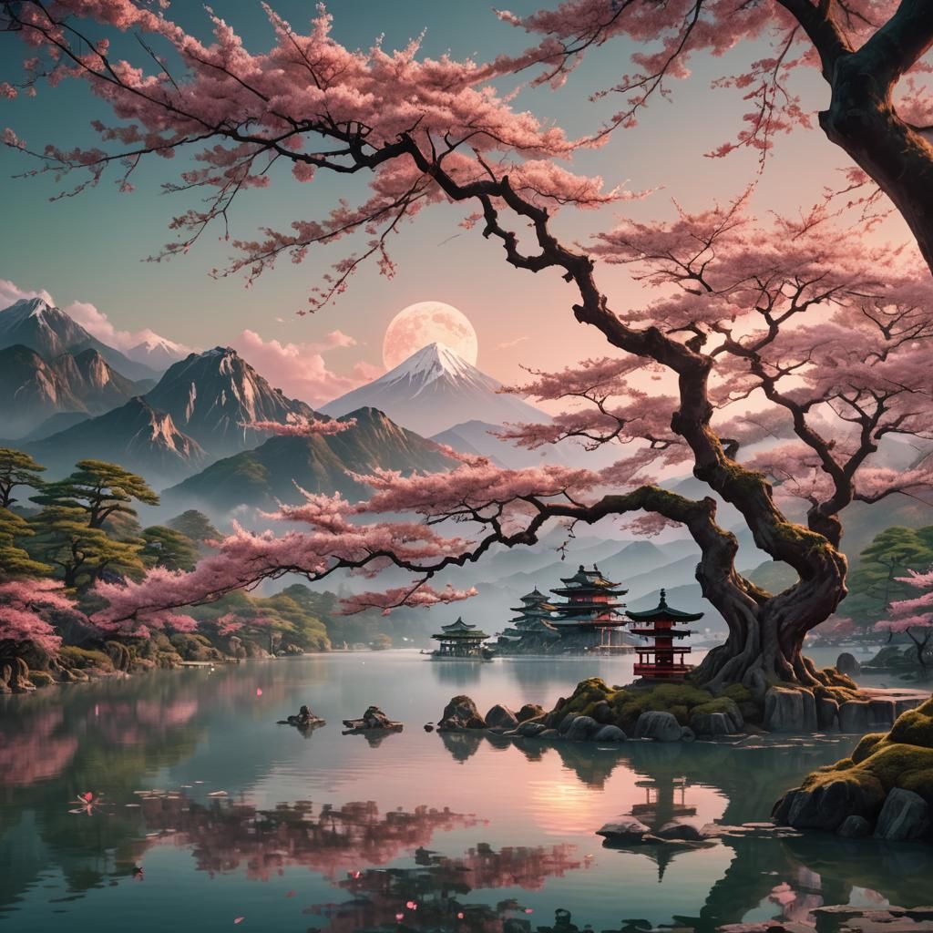 Sakura Tree with Japanese Gods, Miyazaki Style
