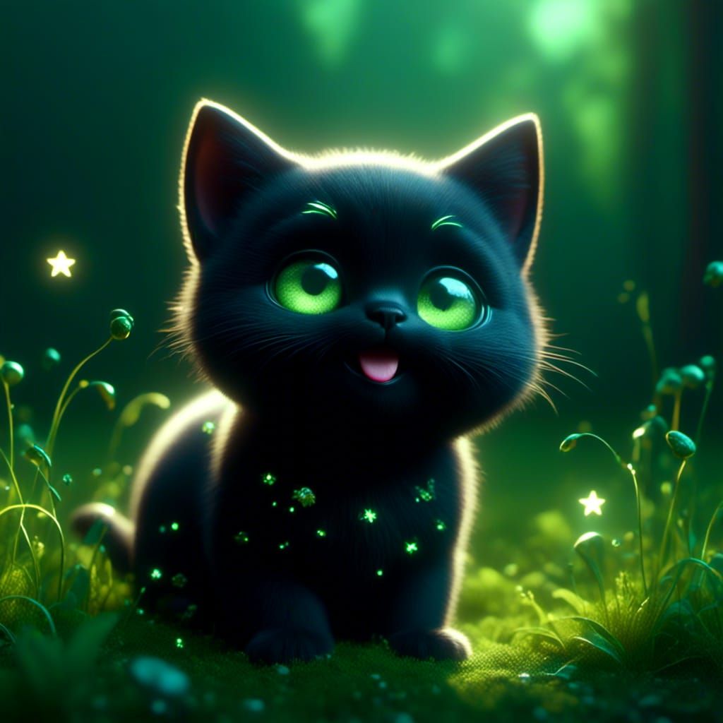 Adorable Black Kitten with Glowing Eyes in Anime Style