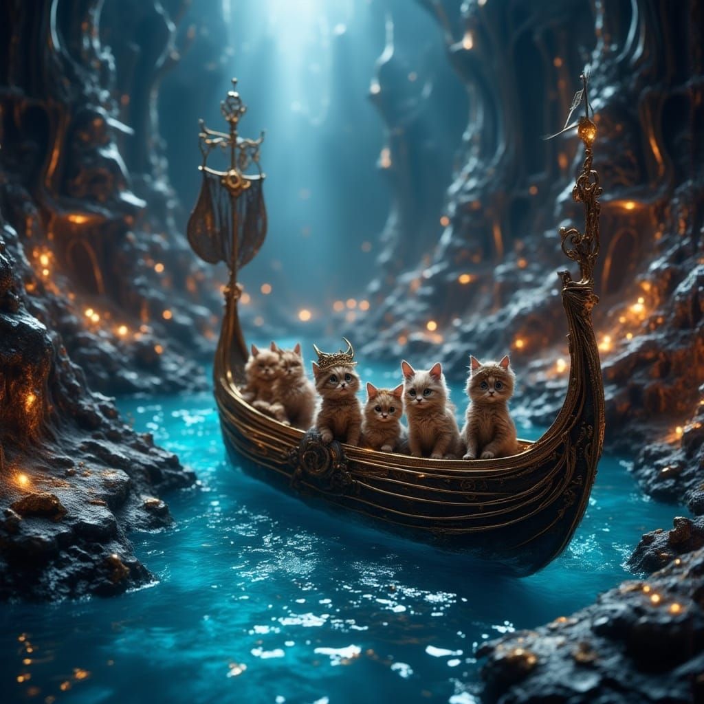 Tiny Viking Kitties Sail Sapphire River in Steampunk Longshi...