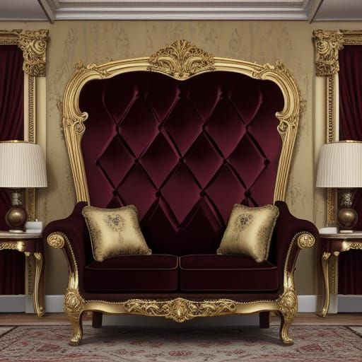An antique velvet-covered Victorian love seat chair in a golden-wallpapered living room.