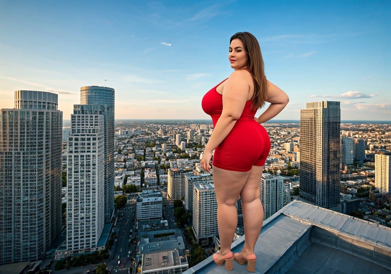 Giantess Girl Standing Tall on Rooftop in Beautiful Realisti...