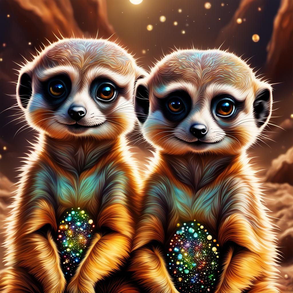 Adorable Meerkat Babies in Cosmic Illustration