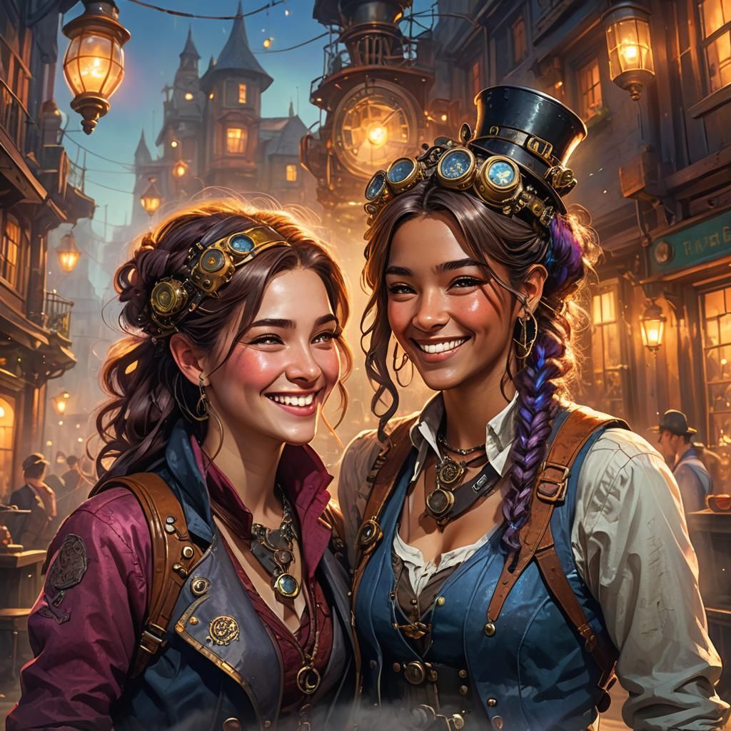 Friends Laughing in Whimsical Steampunk Concept Art