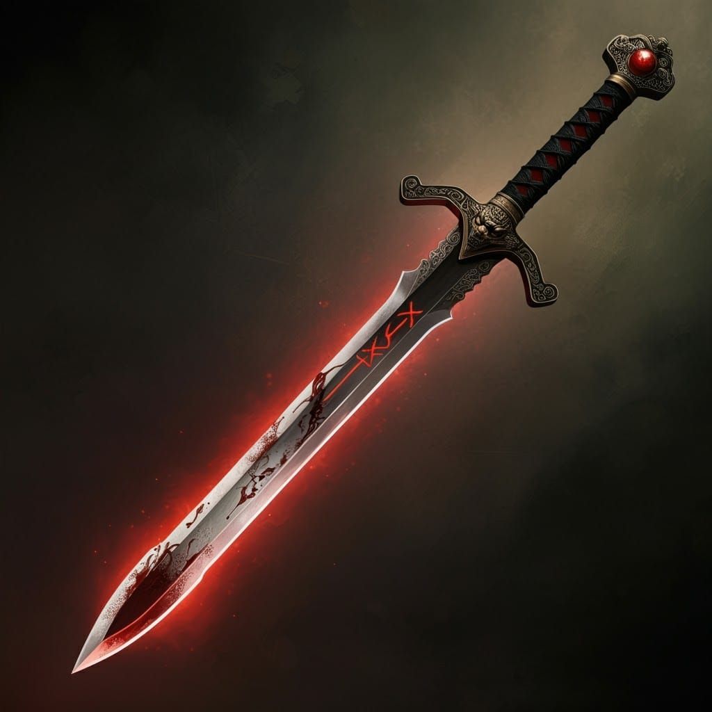 Glowing Blood Rune Jian Sword in Fantasy Illustration Style