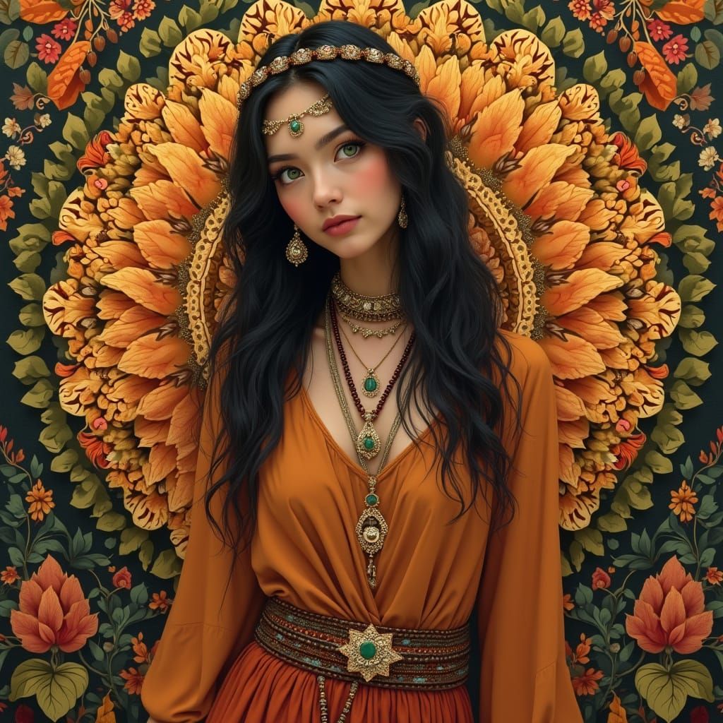 Dreamy Boho Goddess Portrait in Vibrant Autumn Tones