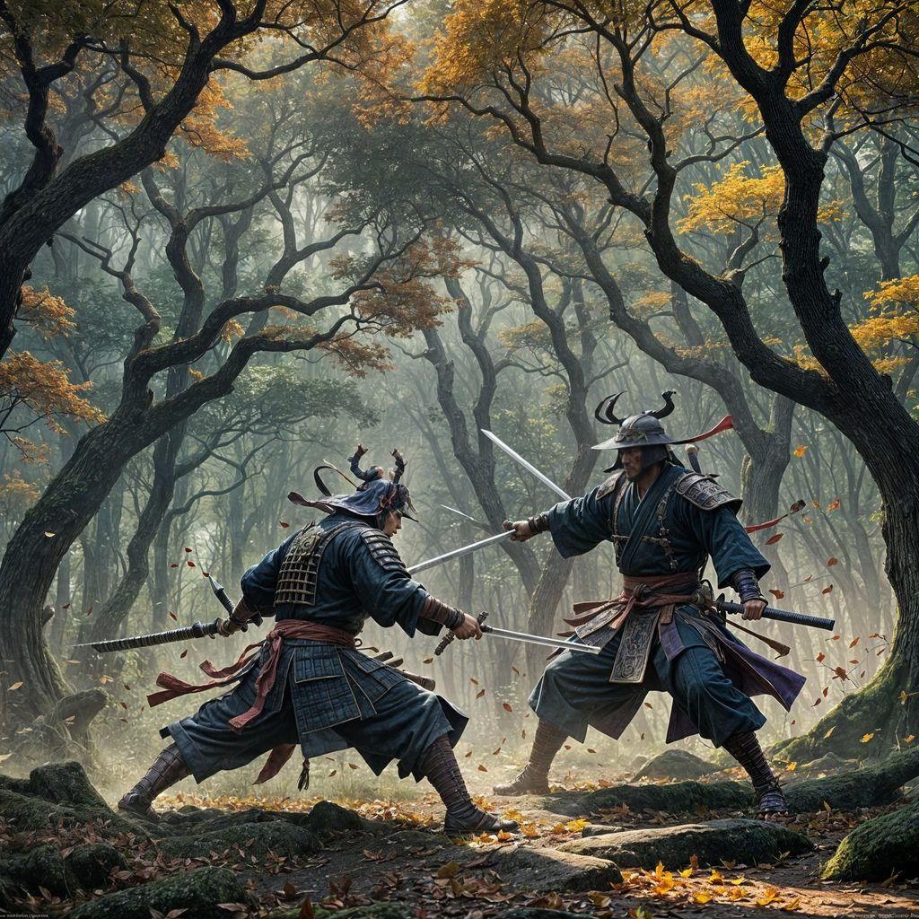 Samurai Giants Duel in Dark Fantasy Landscape