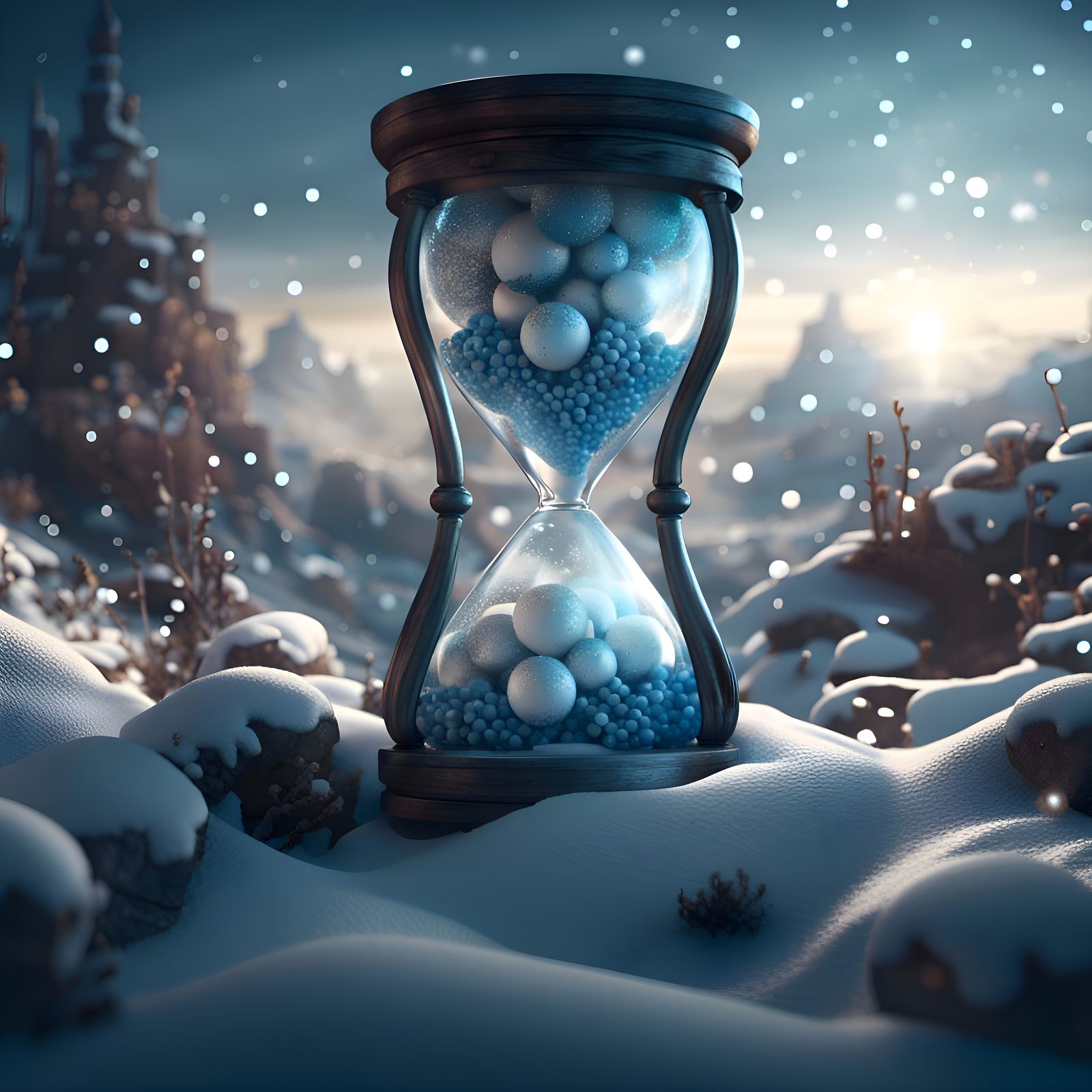 Snow-Filled Hourglass in Fantasy Concept Art Style