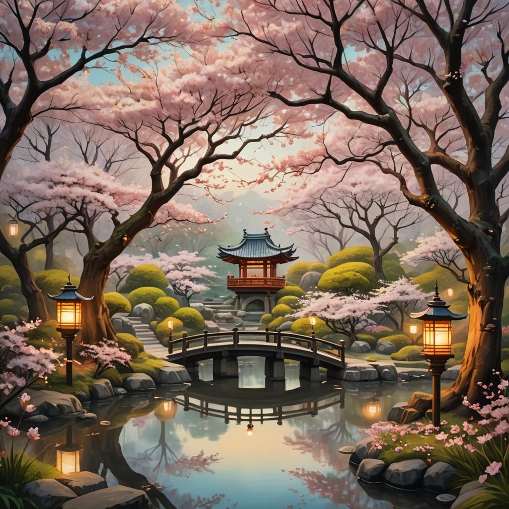 Dreamy Cherry Blossom Garden in Oil Painting Style