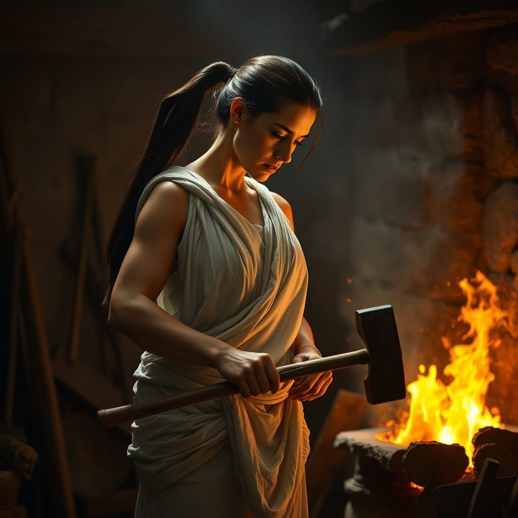 Ancient Greek Woman Forges Spear in Dimly Lit Workshop