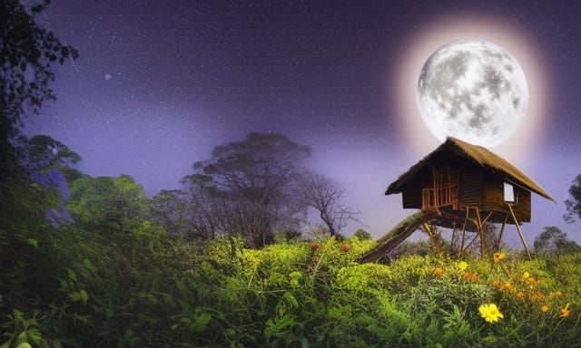 Jungle Hut at Night Under Full Moon in 4K