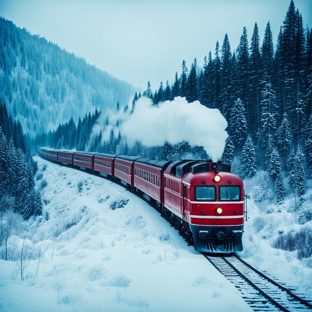 Dramatic Red Train in Snowy Landscape